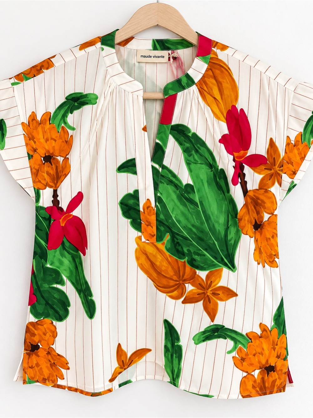 Maude Vivante Joy Striped Bananas Tropical Floral Blouse Size L NWT